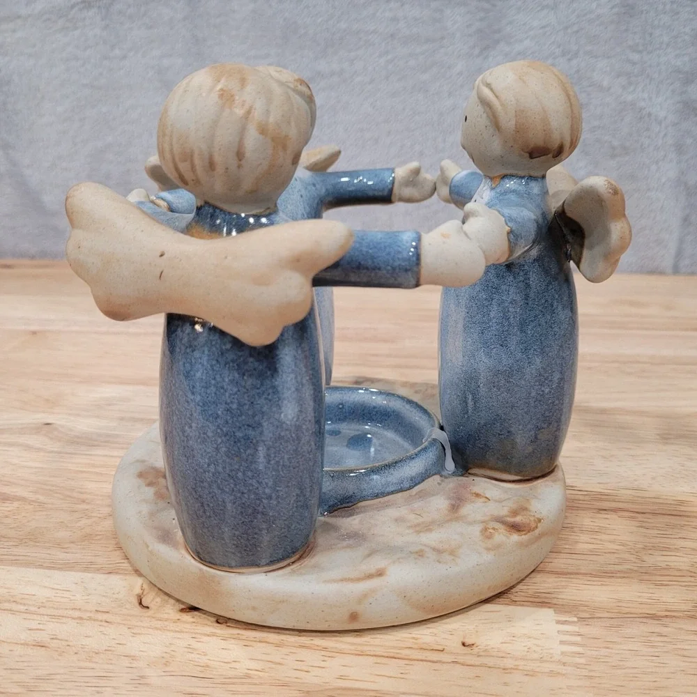 Vintage Angel Candle Holder Porcelain Figurine Blue Winged Cherub 3 Angels